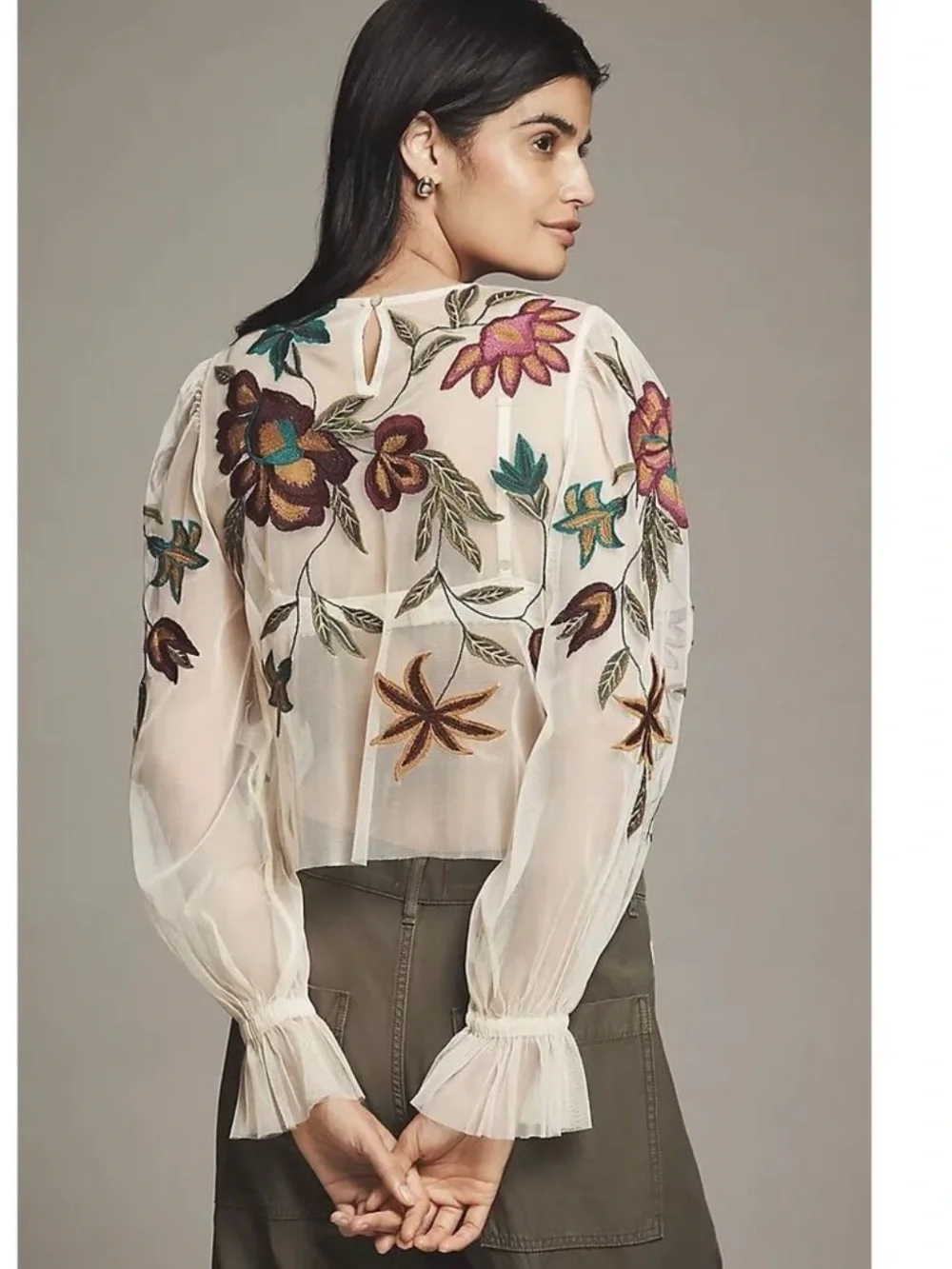 Anthropologie The Layla Floral Mesh Puff-Sleeve Appliqué Mesh Blouse Size XL